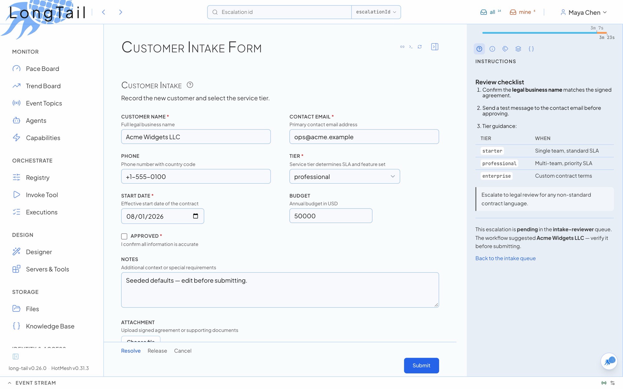 A claimed escalation in the Long Tail dashboard: a customer intake form with instructions and a claim timer