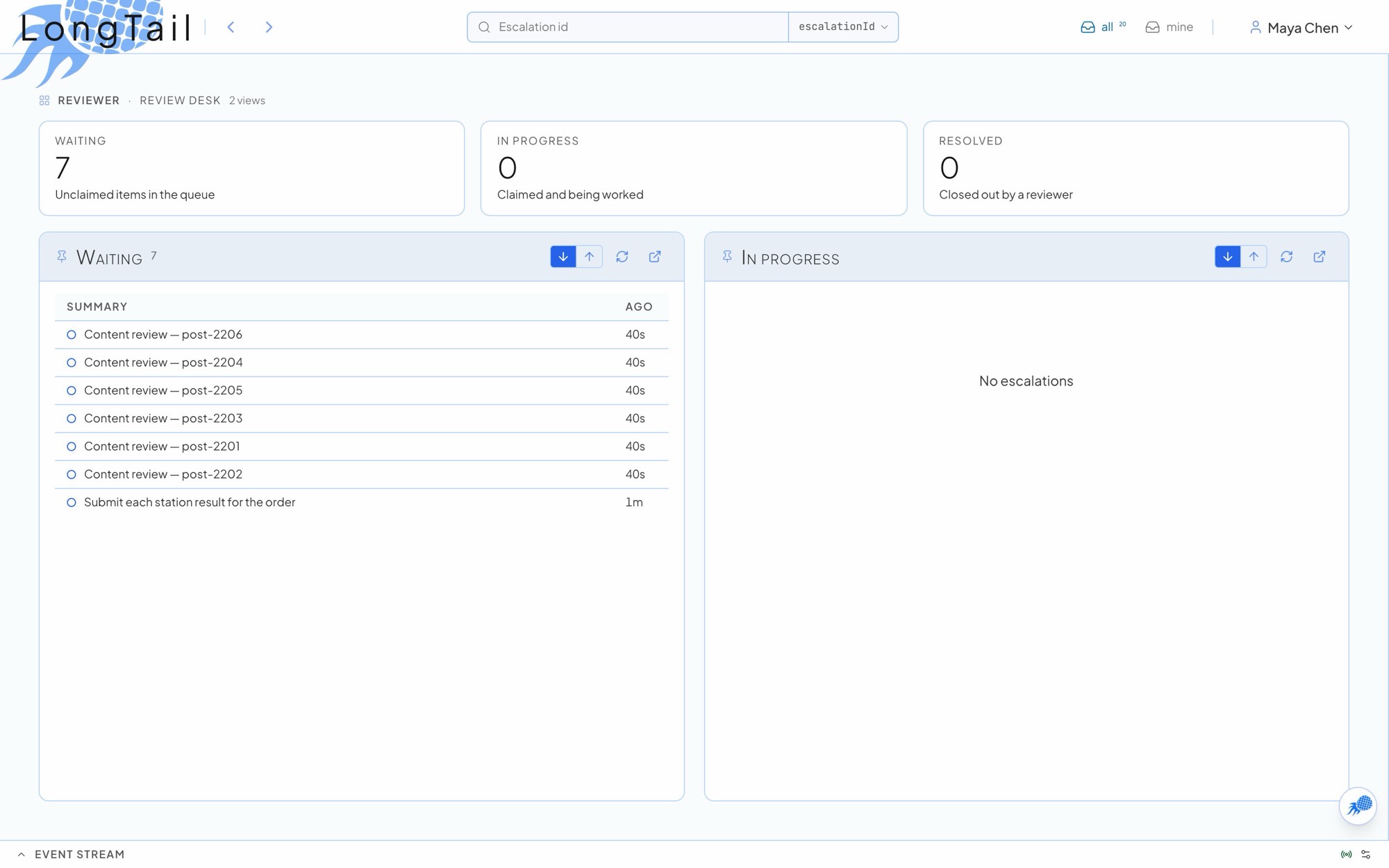 A reviewer portal with count tiles and pinned lists